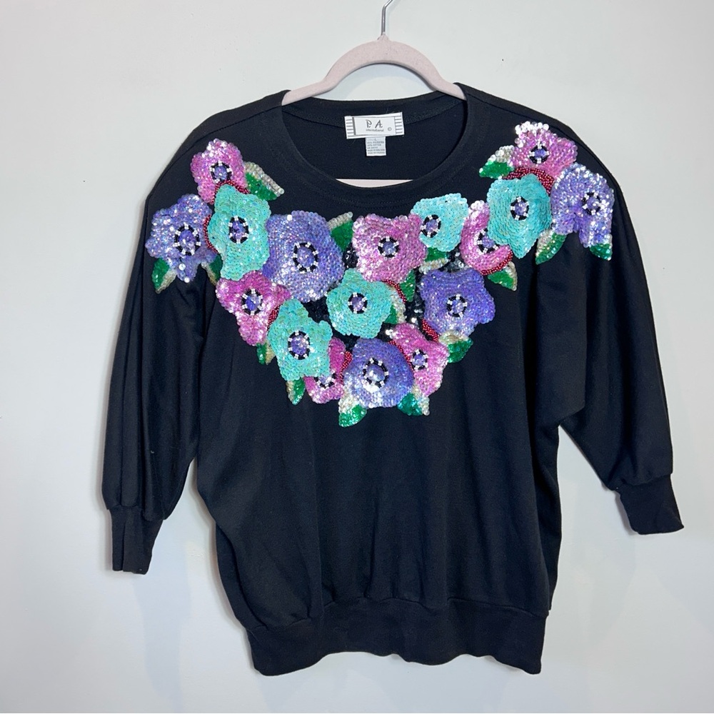 Vintage 80s Black Sequin Floral Pullover Sweater